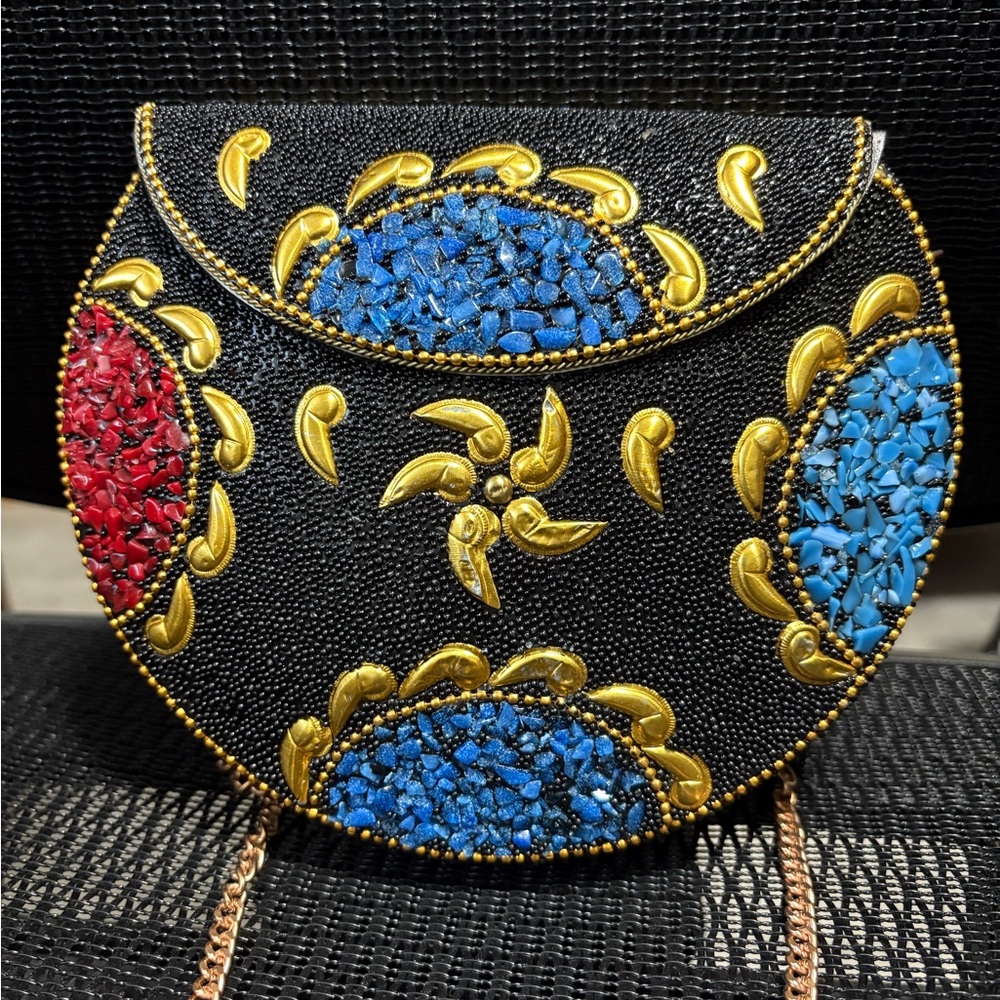 RAMLA Elegant Black Beaded Clutch with Gold Accents